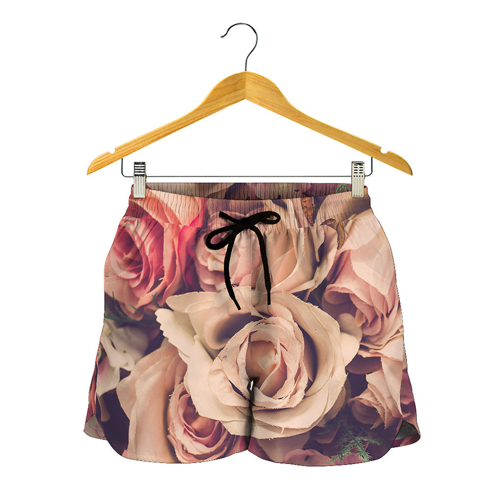 Retro Pink Roses Floral Print Women's Shorts