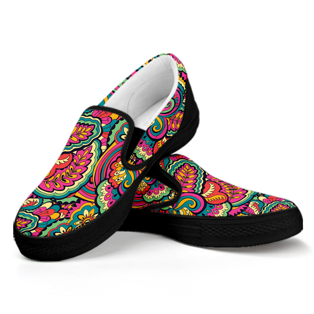 Retro Psychedelic Hippie Pattern Print Black Slip On Shoes