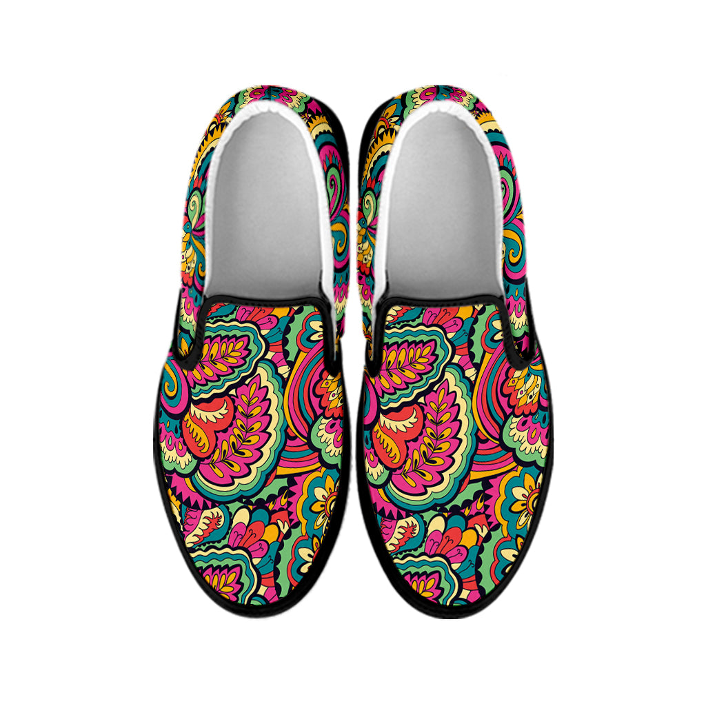 Retro Psychedelic Hippie Pattern Print Black Slip On Shoes