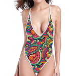 Retro Psychedelic Hippie Pattern Print One Piece High Cut Swimsuit