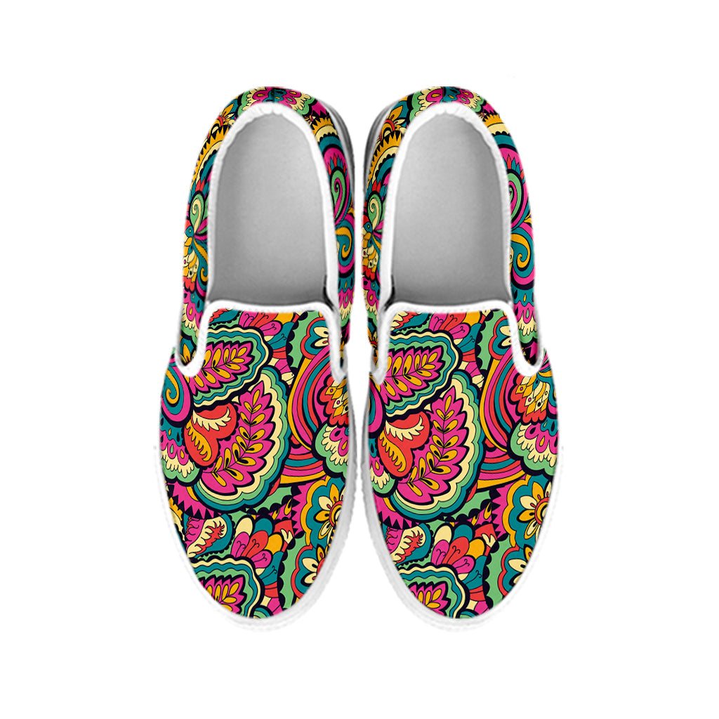 Retro Psychedelic Hippie Pattern Print White Slip On Shoes