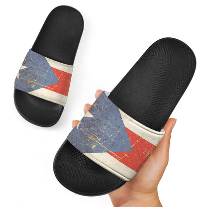 Retro Puerto Rican Flag Print Black Slide Sandals