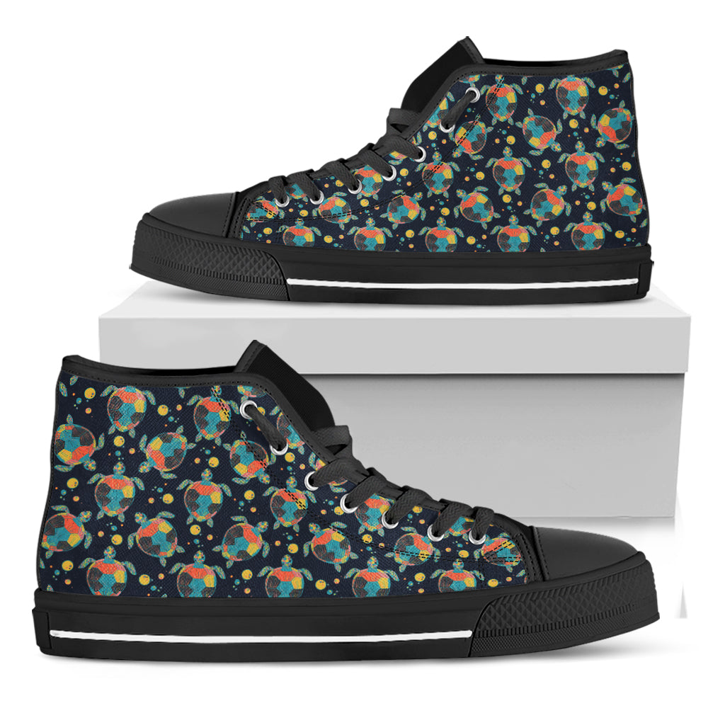 Retro Sea Turtle Pattern Print Black High Top Shoes