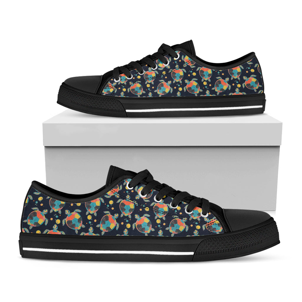 Retro Sea Turtle Pattern Print Black Low Top Shoes