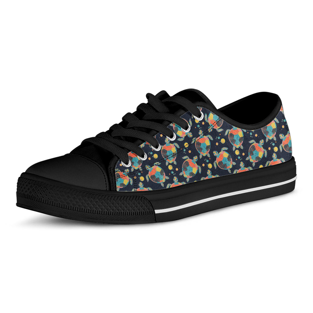 Retro Sea Turtle Pattern Print Black Low Top Shoes