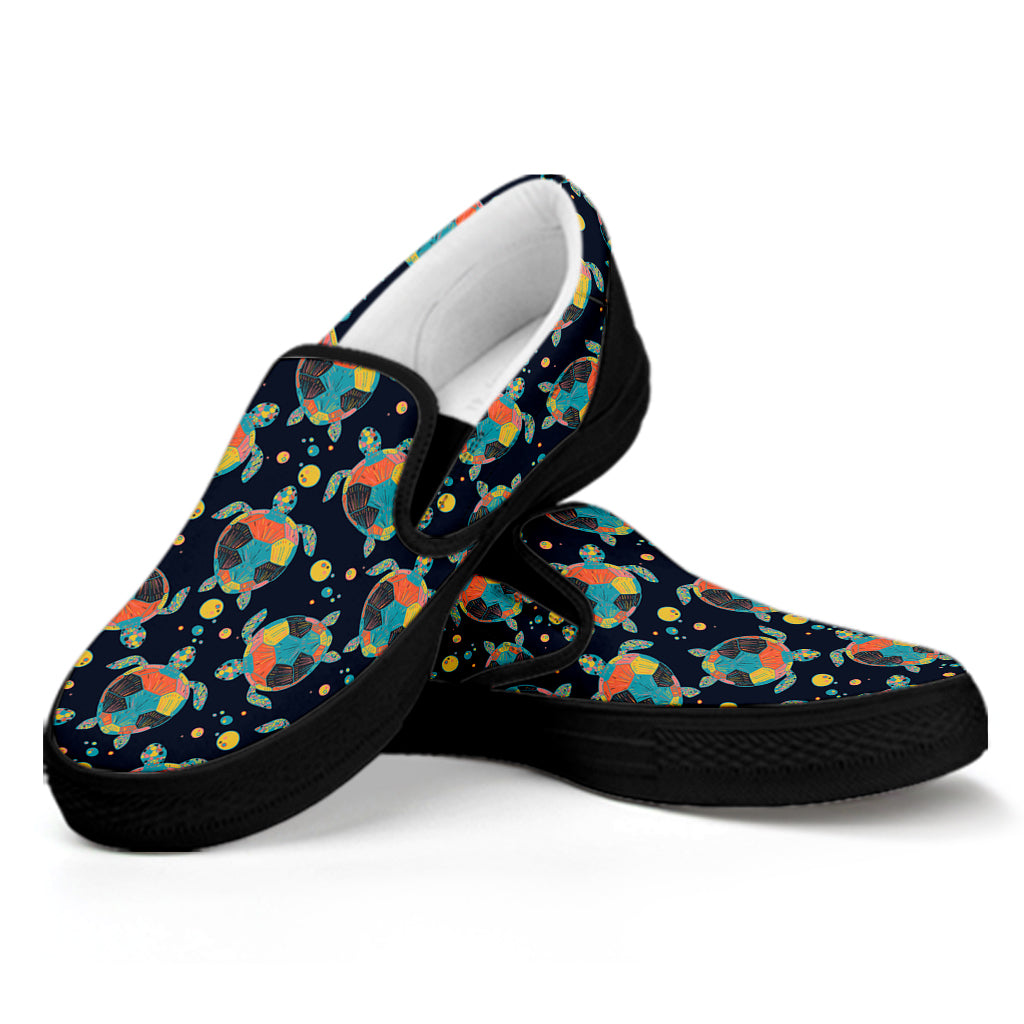 Retro Sea Turtle Pattern Print Black Slip On Shoes