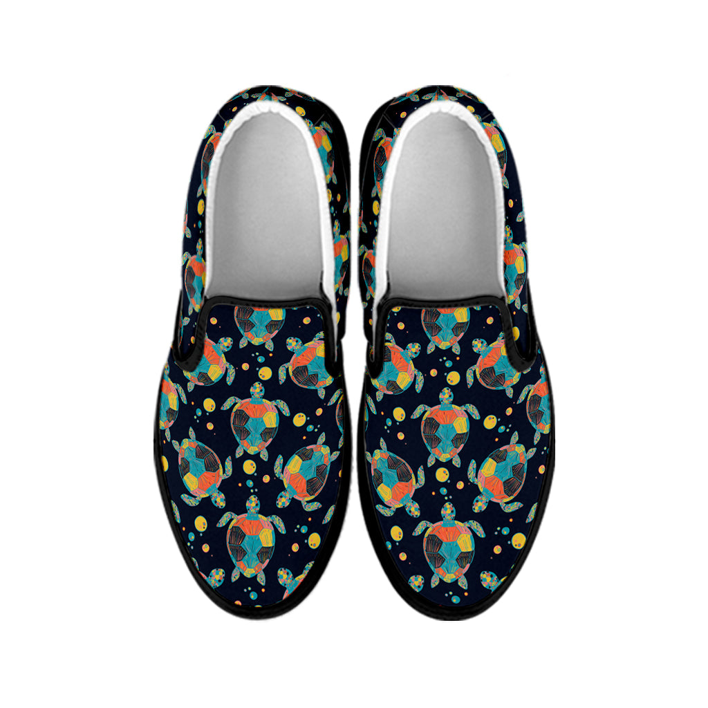 Retro Sea Turtle Pattern Print Black Slip On Shoes