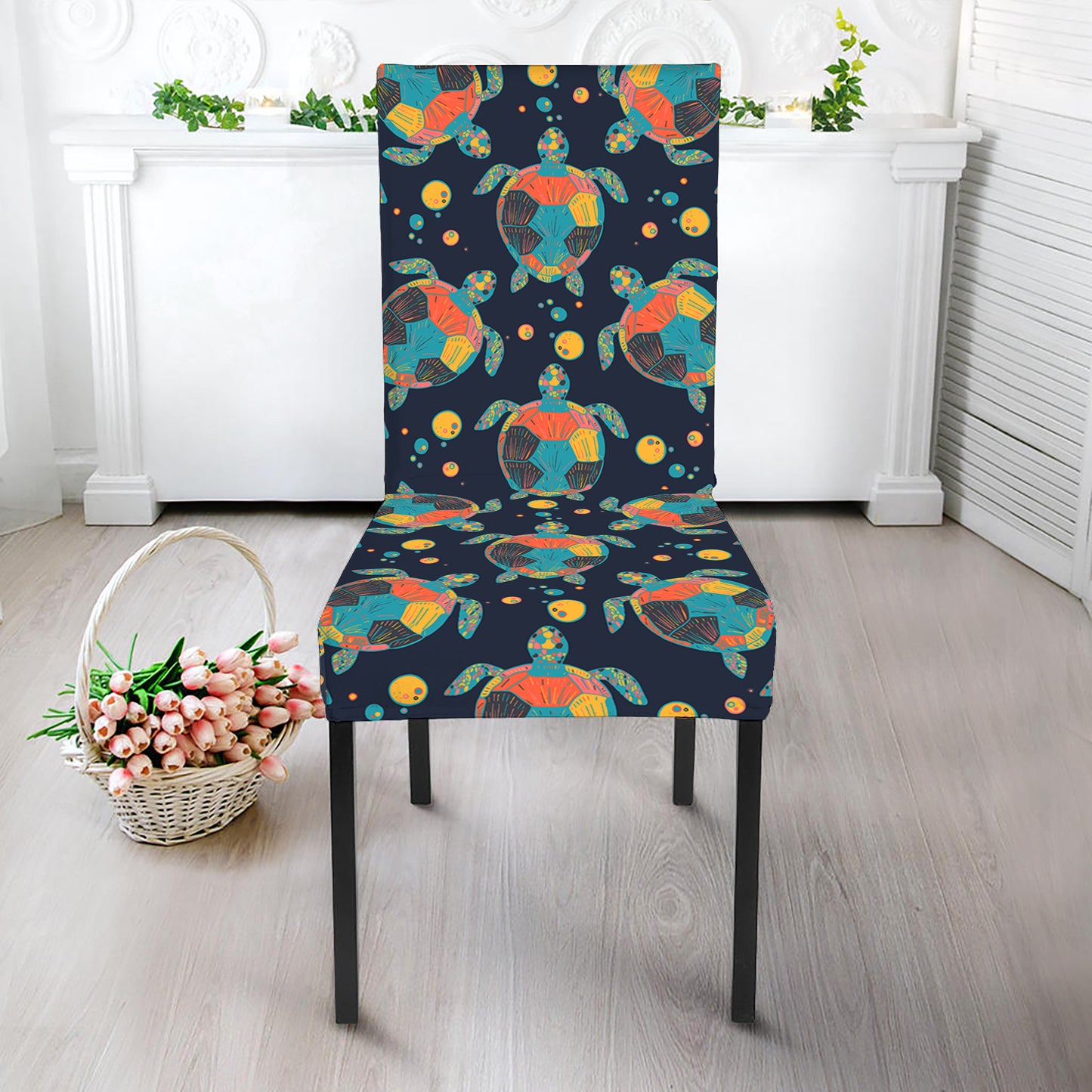 Retro Sea Turtle Pattern Print Dining Chair Slipcover