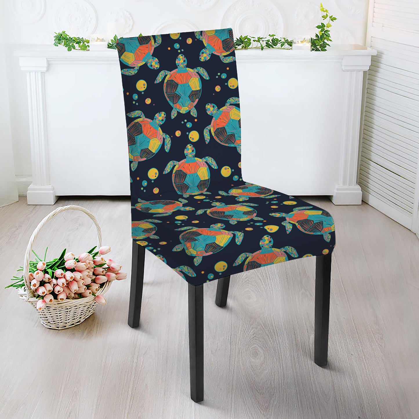 Retro Sea Turtle Pattern Print Dining Chair Slipcover