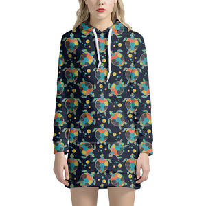 Retro Sea Turtle Pattern Print Hoodie Dress