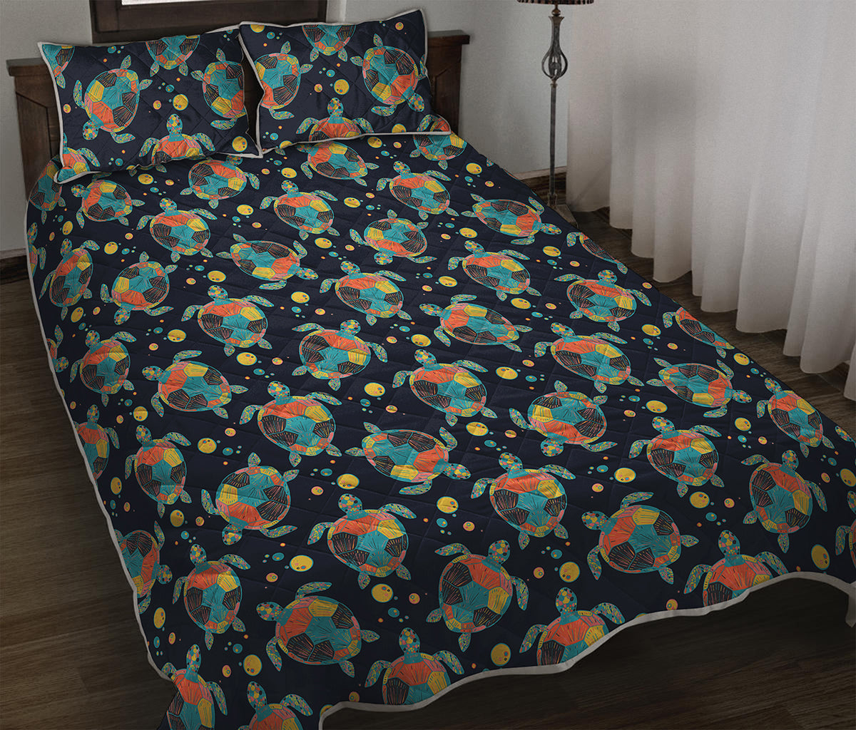 Retro Sea Turtle Pattern Print Quilt Bed Set
