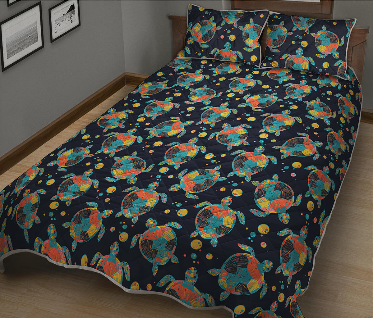 Retro Sea Turtle Pattern Print Quilt Bed Set