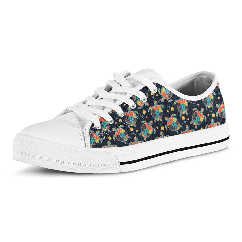 Retro Sea Turtle Pattern Print White Low Top Shoes