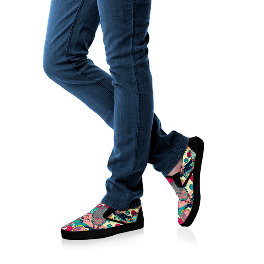 Retro Tennis Pattern Print Black Slip On Shoes