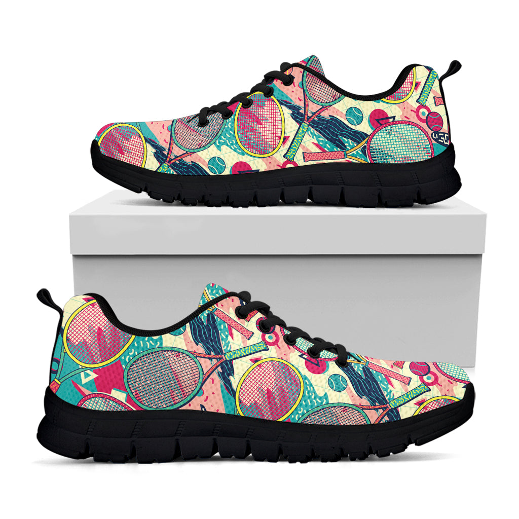 Retro Tennis Pattern Print Black Sneakers