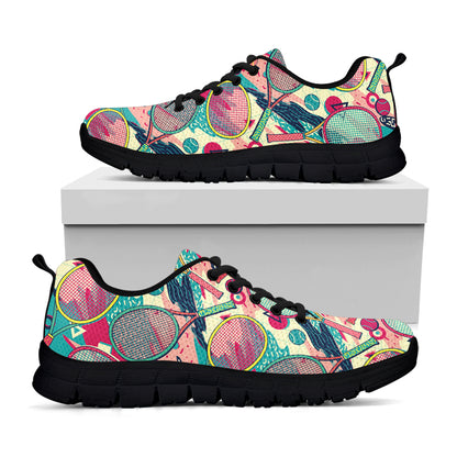 Retro Tennis Pattern Print Black Sneakers