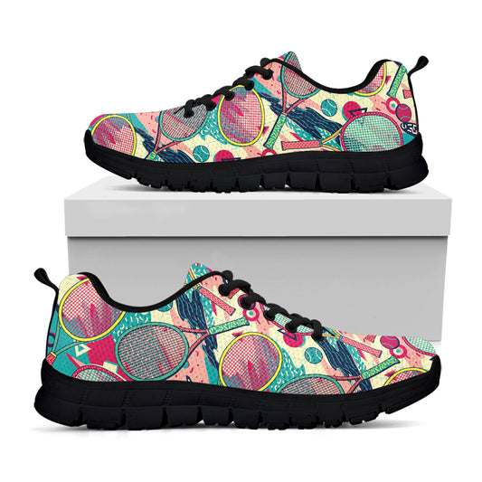 Retro Tennis Pattern Print Black Sneakers