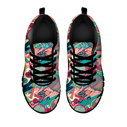 Retro Tennis Pattern Print Black Sneakers