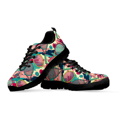 Retro Tennis Pattern Print Black Sneakers
