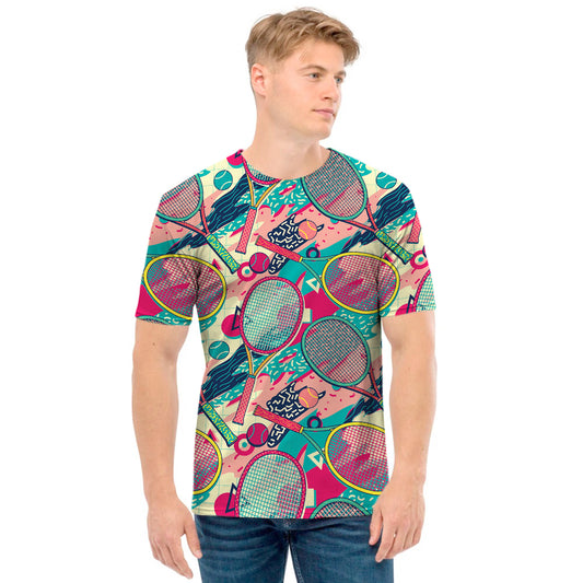 Retro Tennis Pattern Print Men's T-Shirt