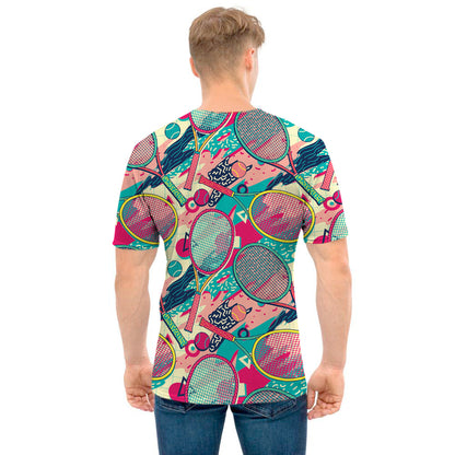 Retro Tennis Pattern Print Men's T-Shirt