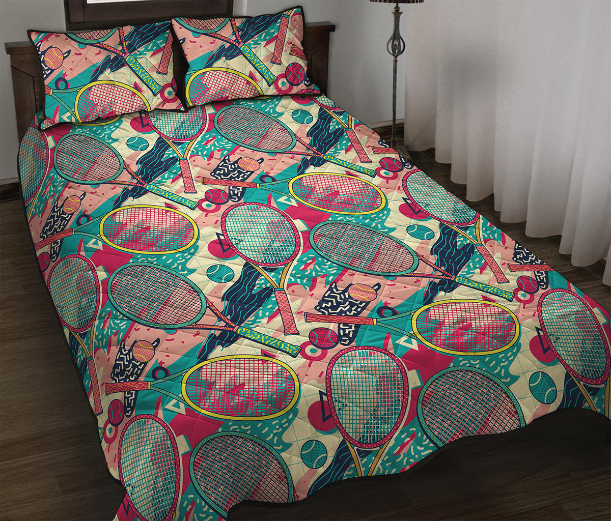 Retro Tennis Pattern Print Quilt Bed Set