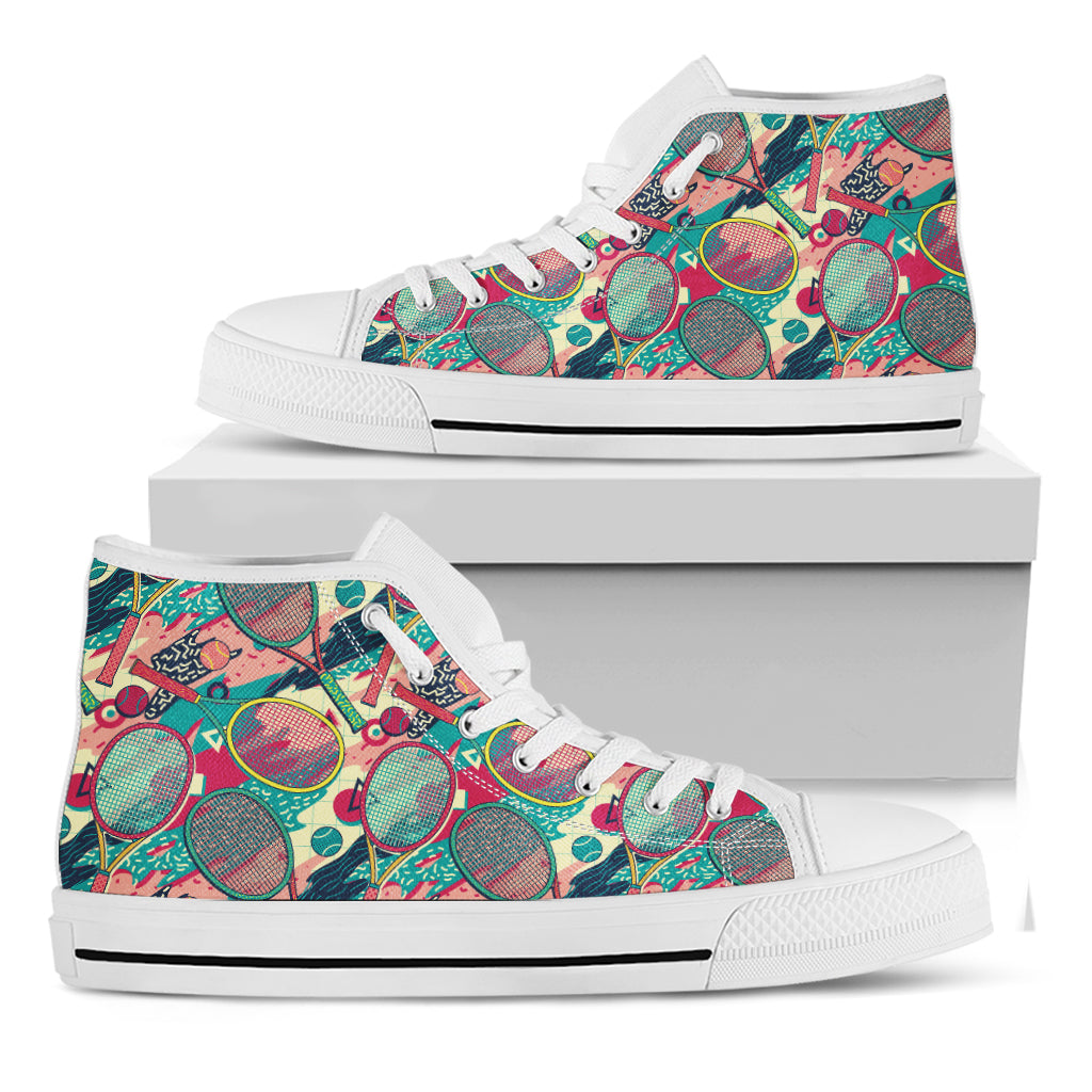 Retro Tennis Pattern Print White High Top Shoes
