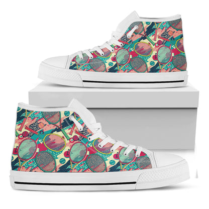 Retro Tennis Pattern Print White High Top Shoes