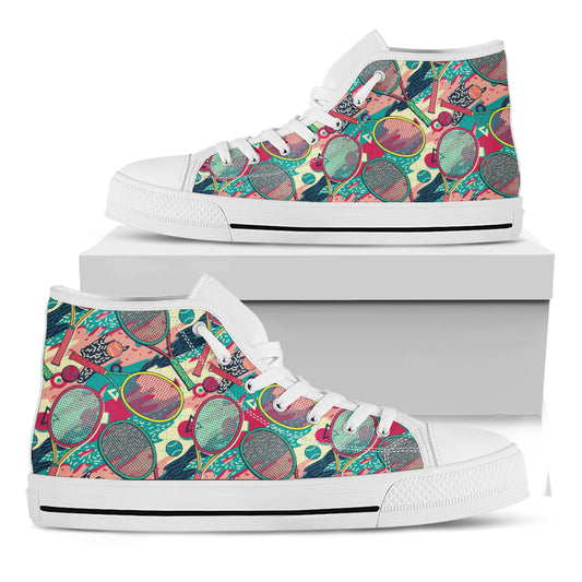 Retro Tennis Pattern Print White High Top Shoes