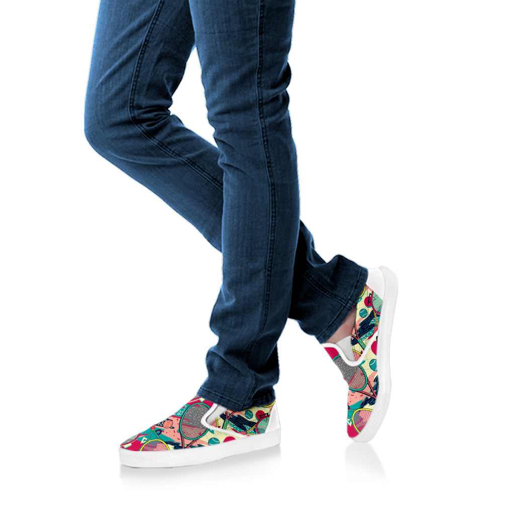 Retro Tennis Pattern Print White Slip On Shoes