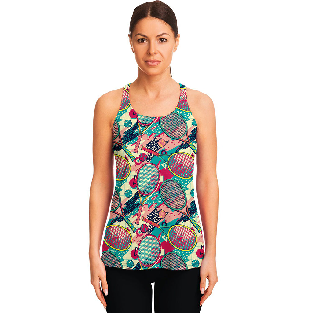 Retro Tennis Pattern Print Women's Racerback Tank Top