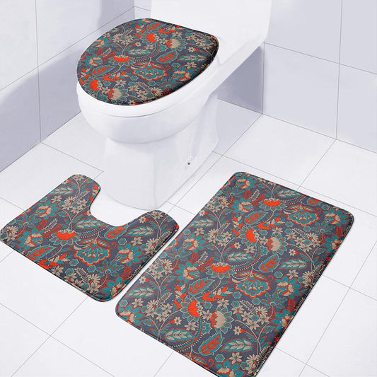 Retro Vintage Bohemian Floral Print 3 Piece Bath Mat Set