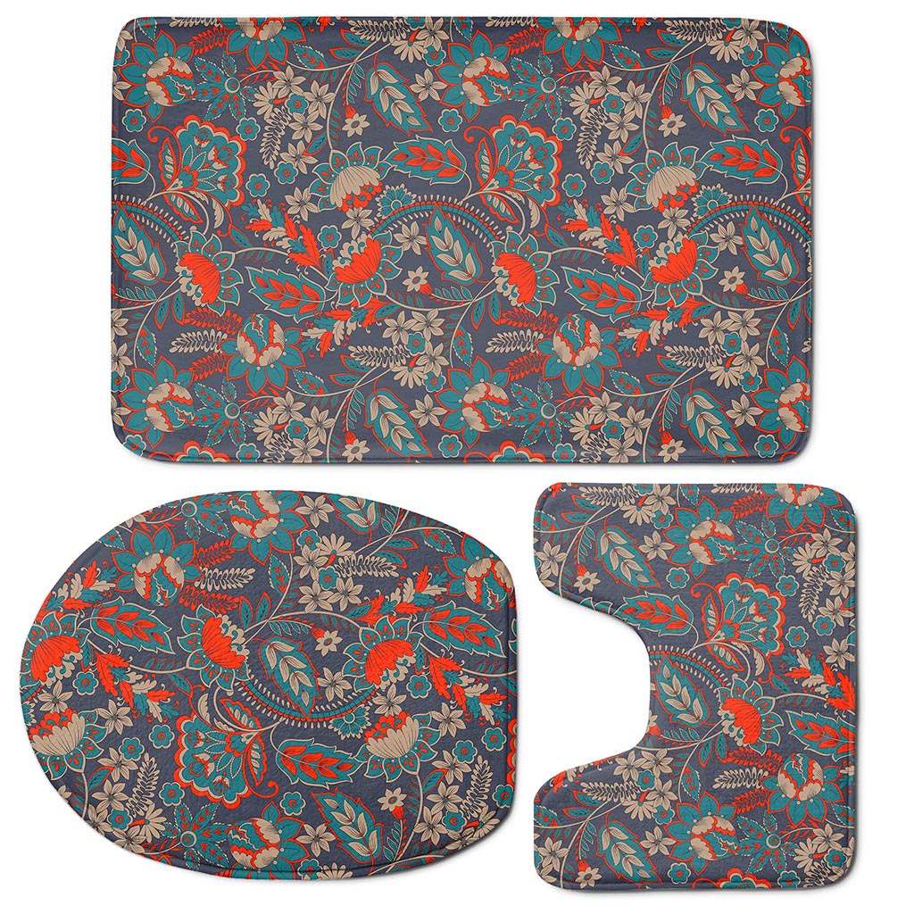 Retro Vintage Bohemian Floral Print 3 Piece Bath Mat Set
