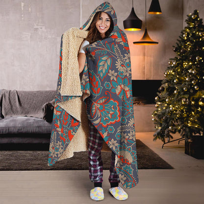 Retro Vintage Bohemian Floral Print Hooded Blanket