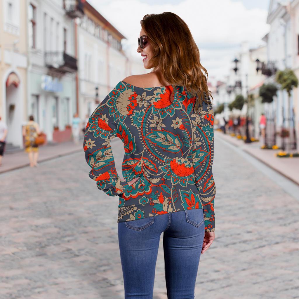 Retro Vintage Bohemian Floral Print Off Shoulder Sweatshirt GearFrost