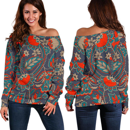 Retro Vintage Bohemian Floral Print Off Shoulder Sweatshirt GearFrost