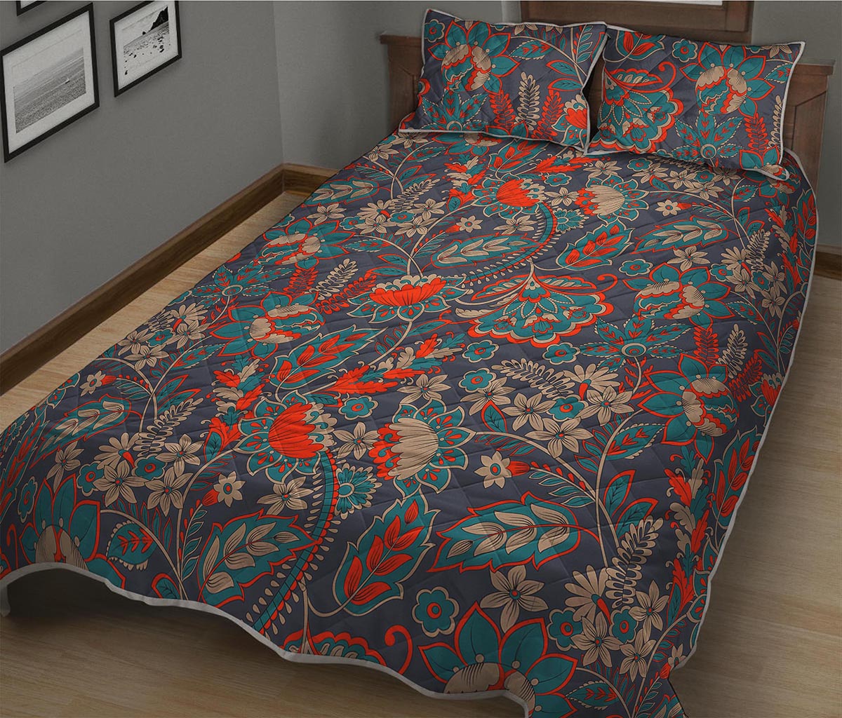 Retro Vintage Bohemian Floral Print Quilt Bed Set