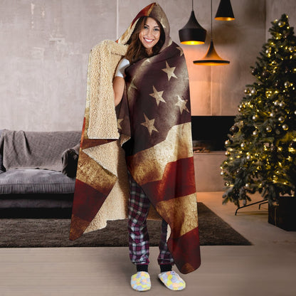 Retro Wrinkled American Flag Patriotic Hooded Blanket GearFrost