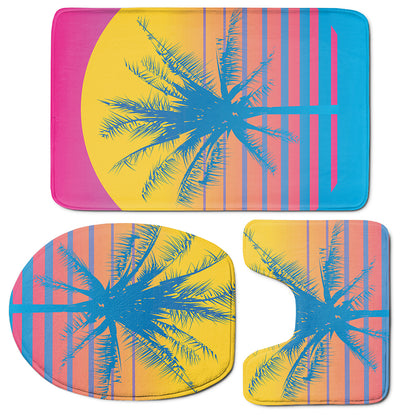 Retrowave Sunset Palm Tree Print 3 Piece Bath Mat Set