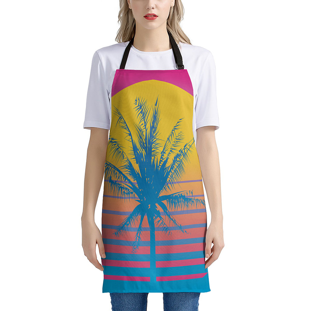 Retrowave Sunset Palm Tree Print Apron