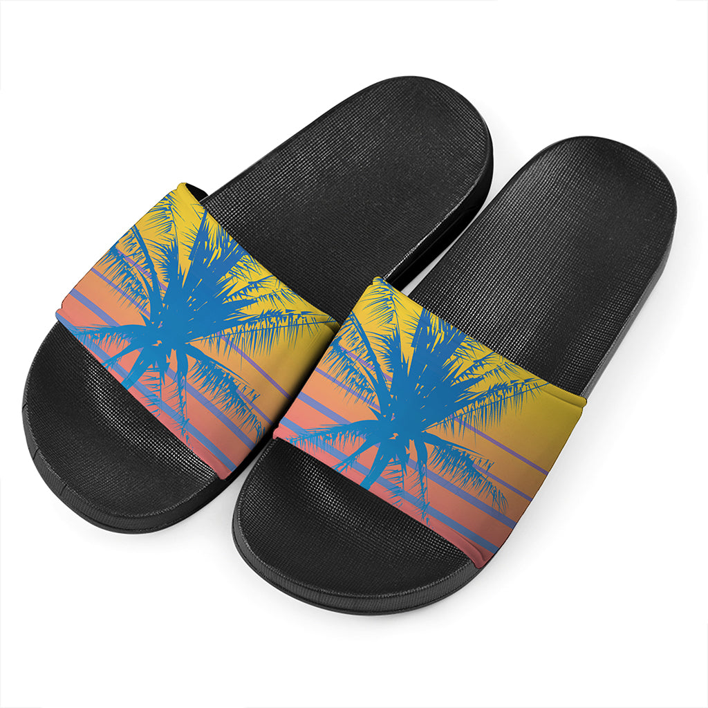 Retrowave Sunset Palm Tree Print Black Slide Sandals