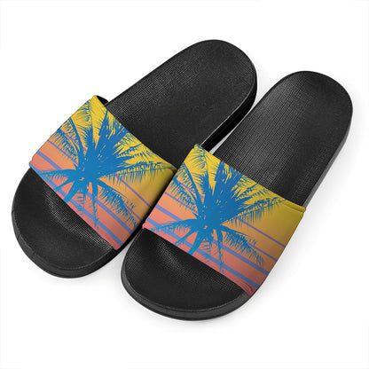 Retrowave Sunset Palm Tree Print Black Slide Sandals