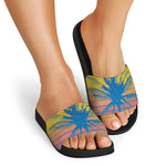 Retrowave Sunset Palm Tree Print Black Slide Sandals