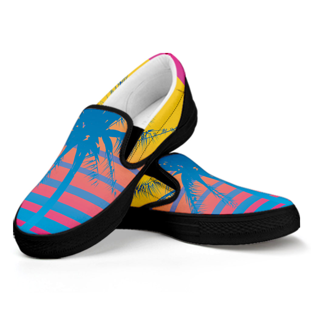 Retrowave Sunset Palm Tree Print Black Slip On Shoes