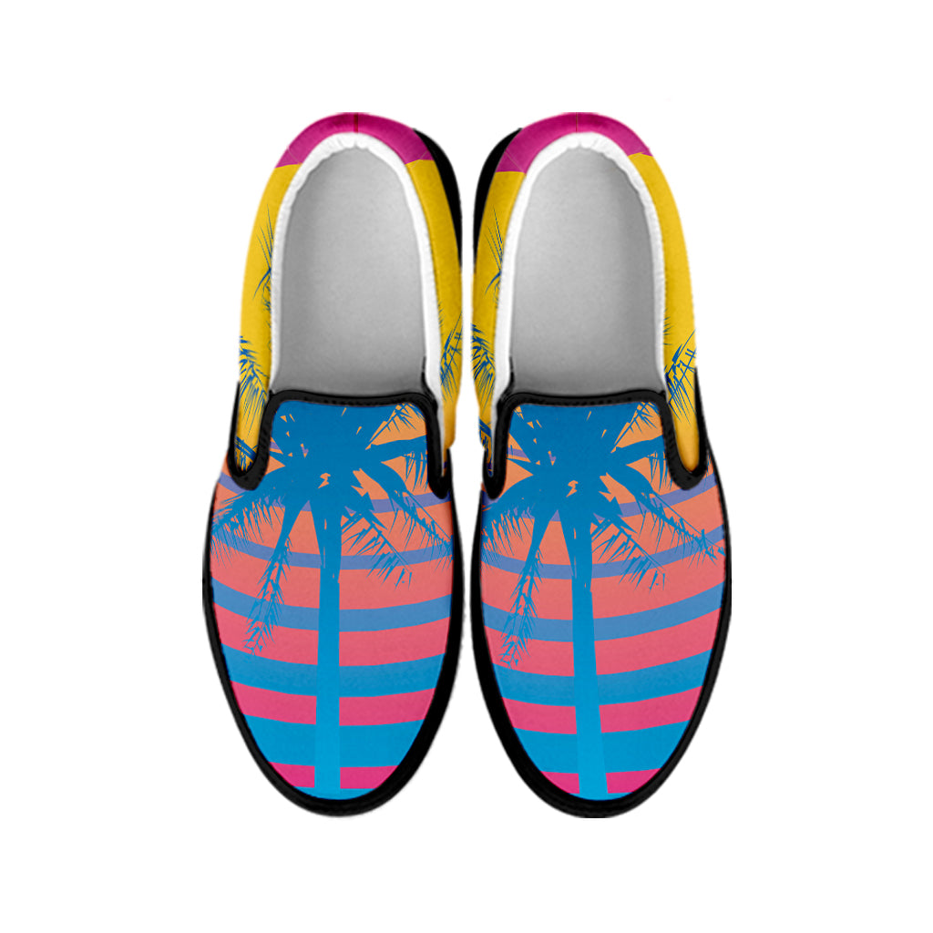 Retrowave Sunset Palm Tree Print Black Slip On Shoes