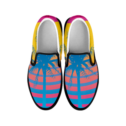 Retrowave Sunset Palm Tree Print Black Slip On Shoes