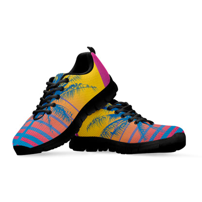 Retrowave Sunset Palm Tree Print Black Sneakers