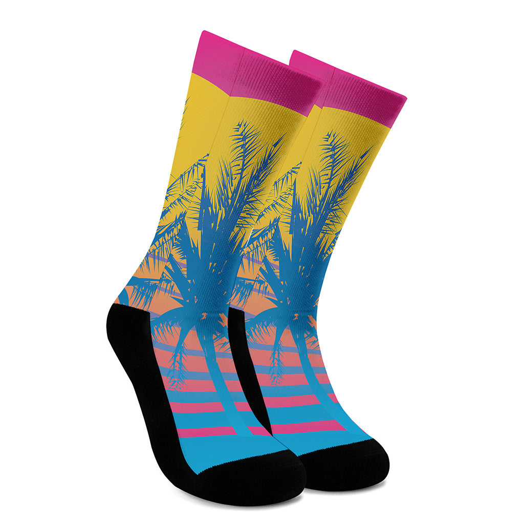 Retrowave Sunset Palm Tree Print Crew Socks