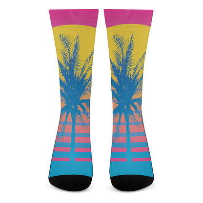 Retrowave Sunset Palm Tree Print Crew Socks