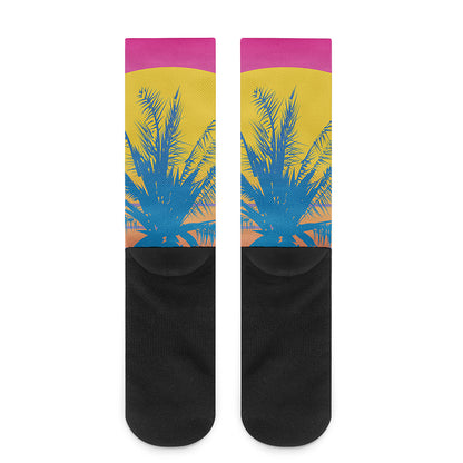 Retrowave Sunset Palm Tree Print Crew Socks